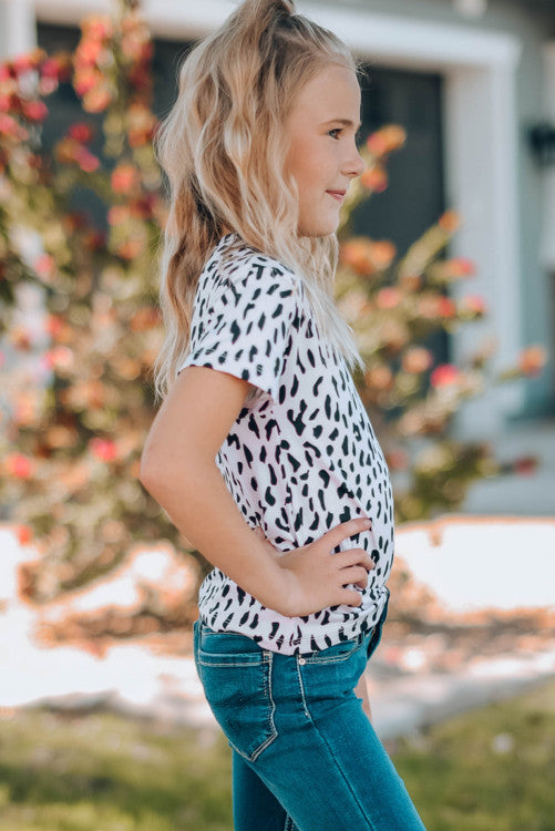 Girls White and Black Leopard Print Short Sleeve Knit Tee
