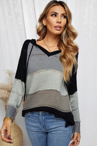 Black Charcoal Gray Color-block Hooded Sweater