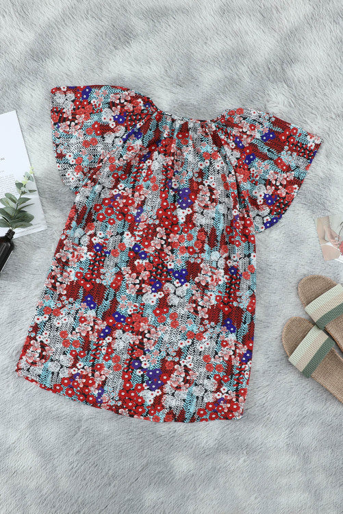 Blue and Red Floral Tie Front Short Sleeve Blouse