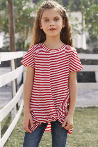 Girls Red Striped Short Sleeve Front Twist Tunic Top