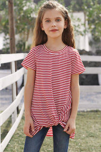 Girls Red Striped Short Sleeve Front Twist Top