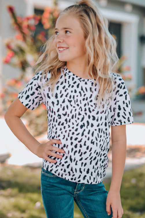 Girls White and Black Leopard Print Short Sleeve Knit Tee