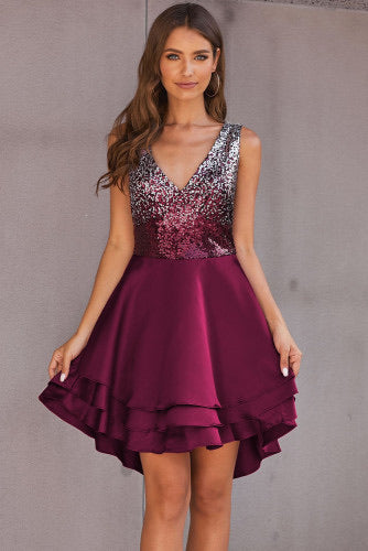 Burgundy Ombre Sequin Multi Layer Skater Dress