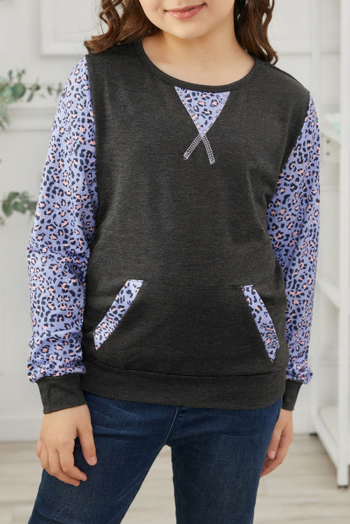 Girls Purple Leopard Print Raglan Sleeve Pullover w/Pockets
