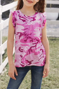 Girls Pink Camo Print Flounced Sleeveless Top