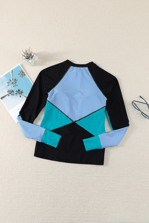 Teal Green Color Block Zip Up Rashguard Sports Top