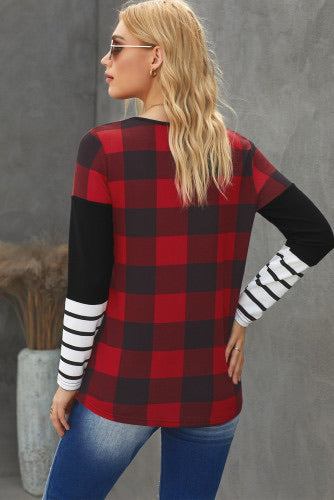 Red Plaid Splicing Striped Color Block Long Sleeve Top•Red buffalo plaid with English style is lively and eye-catching and perfect for the holidays.  •Black pinstripes are timeless fashion elements.  •Stitching and color block styles add uniqueness to the this top.  •Round neck, pullover style is a relaxed fit.  •Soft stretch knit.