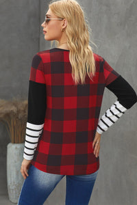Red Plaid Splicing Striped Color Block Long Sleeve Top•Red buffalo plaid with English style is lively and eye-catching and perfect for the holidays.  •Black pinstripes are timeless fashion elements.  •Stitching and color block styles add uniqueness to the this top.  •Round neck, pullover style is a relaxed fit.  •Soft stretch knit.