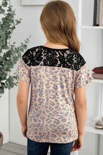 Girls Leopard Print Black Lace Trim Tee