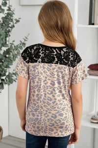 Girls Leopard Print Black Lace Trim Knit Tee