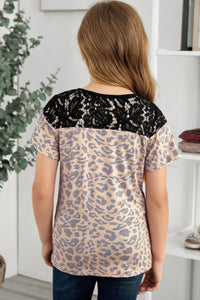 Girls Leopard Print Black Lace Trim Tee