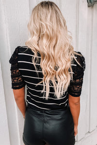 Black Tiered Lace Sleeve Striped Tee