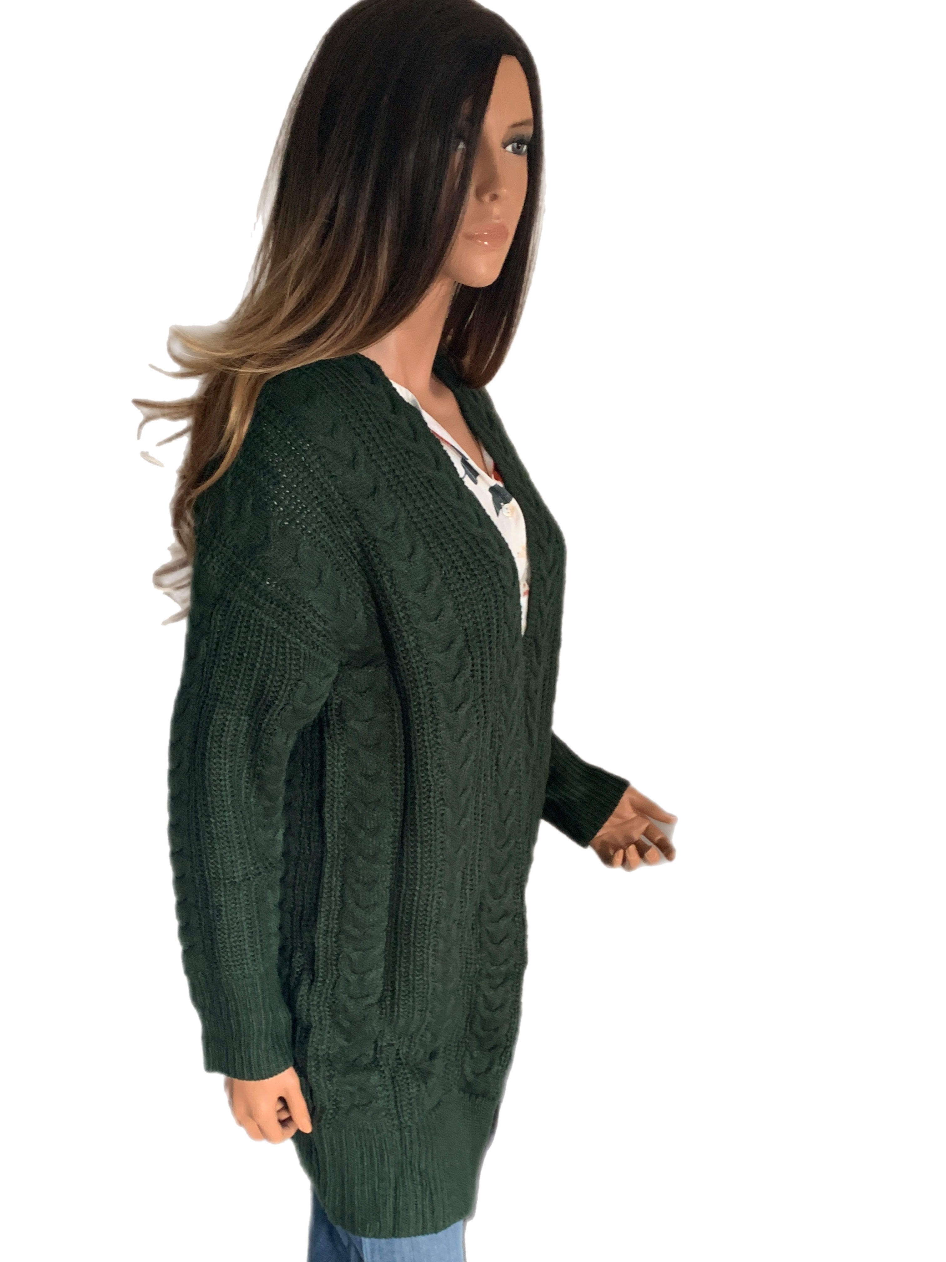 Dark Pine Cable Knit Open Front Cardigan Sweater