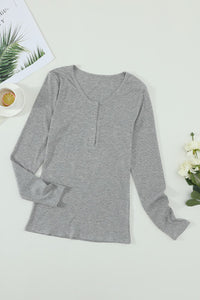 Gray Scoop Neck Buttoned Front Long Sleeve Knit Top