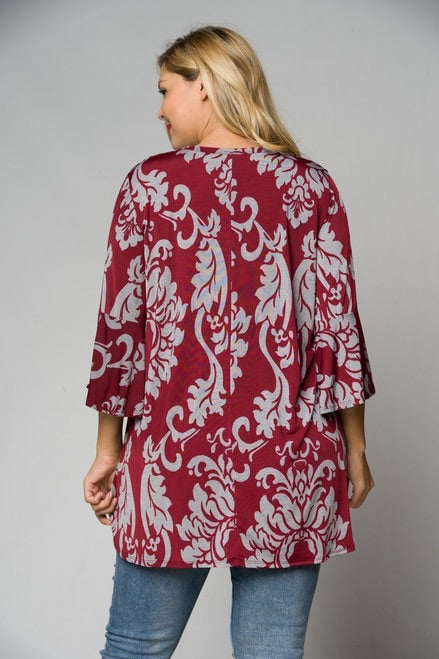 Burgundy Gray Damask Print Plus Size Tunic
