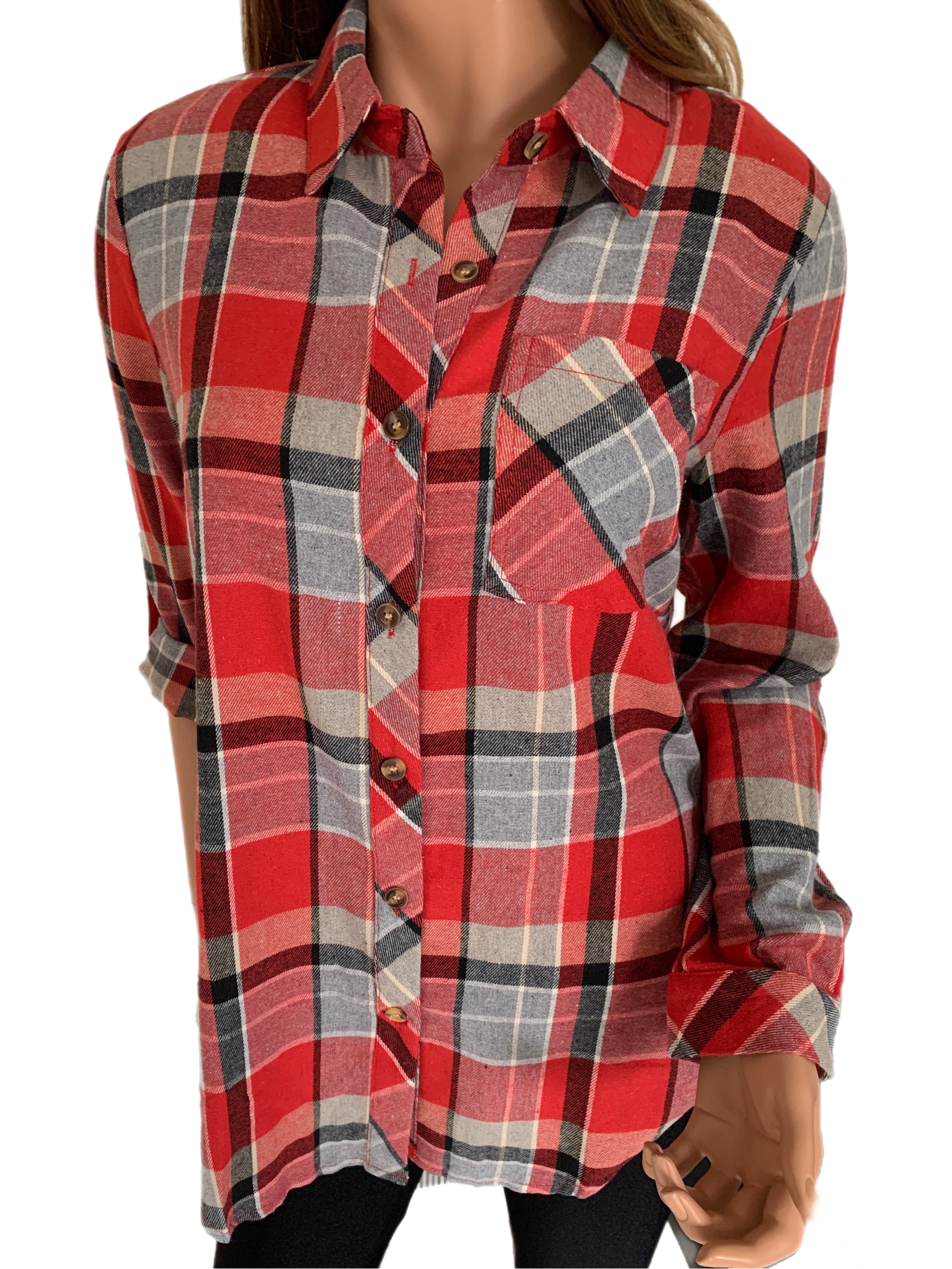 Red Charcoal Plaid Button Up Shirt