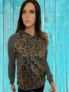 Allover Front Leopard Print Sequins Gray Hoodie
