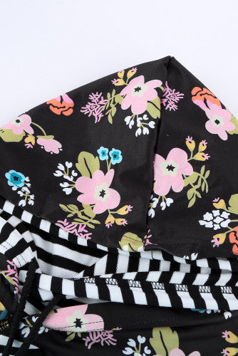 Black and White Striped Floral Print Double Hoodie