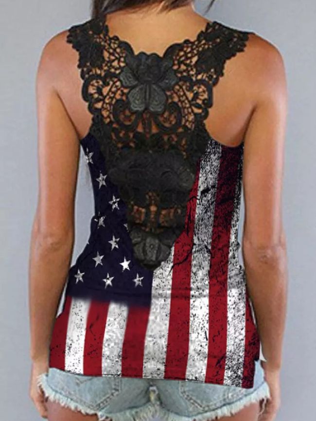 American flag print tank top with beautiful black lace racerback design. Flag print has a distressed look of red, white and blue. Nice cotton blend fabric that is light and comfy perfect for hot summer days. 
