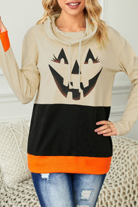 Cowl Neck Pumpkin Print Color Block Halloween Sweatshirt