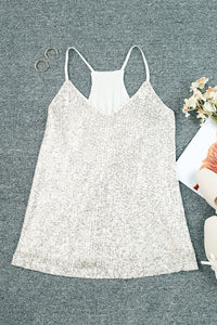 White with Silver Sequins V-neck Strappy Tank