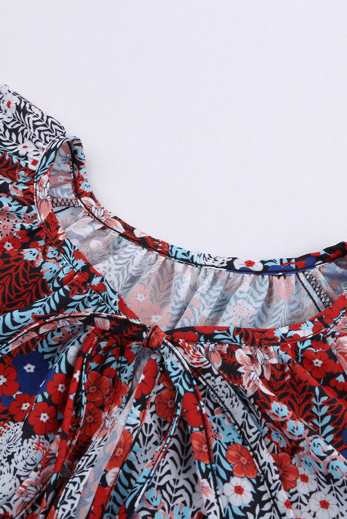 Blue and Red Floral Tie Front Short Sleeve Blouse
