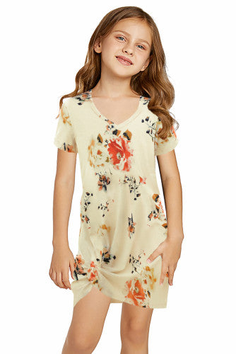 Girls Pastel Yellow Orange Floral V-neck Twist Knot Knit Sundress