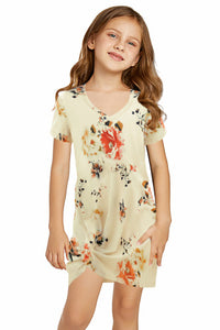 Girls Pastel Yellow Orange Floral V-neck Twist Knot Knit Sundress