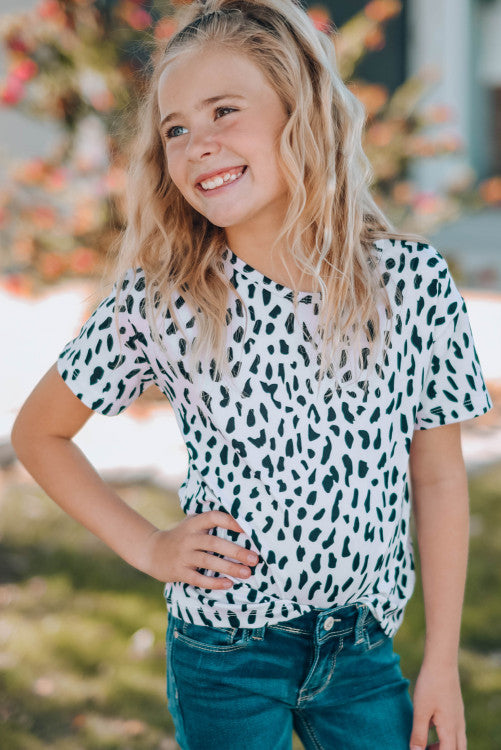 Girls White and Black Leopard Print Short Sleeve Knit Tee