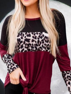 Burgundy Black Leopard Print Color Block Tie Hem Raglan Sleeve Shirt