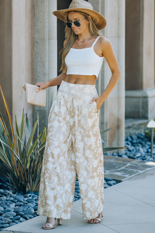 Tan Floral Silky Wide Leg Pants