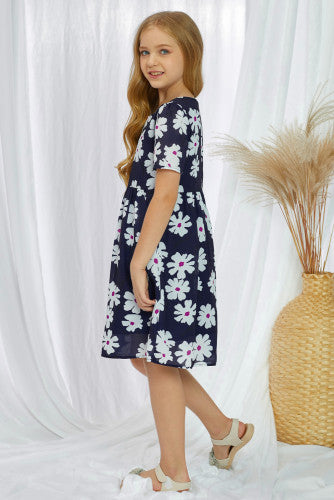 Girls Navy Blue Daisy Print Chiffon Dress with Pockets