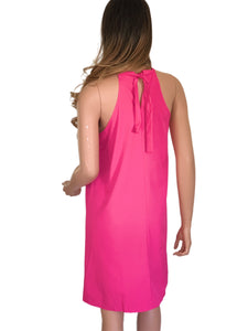 Fuchsia Pink Halter Tie Back Silky Dress