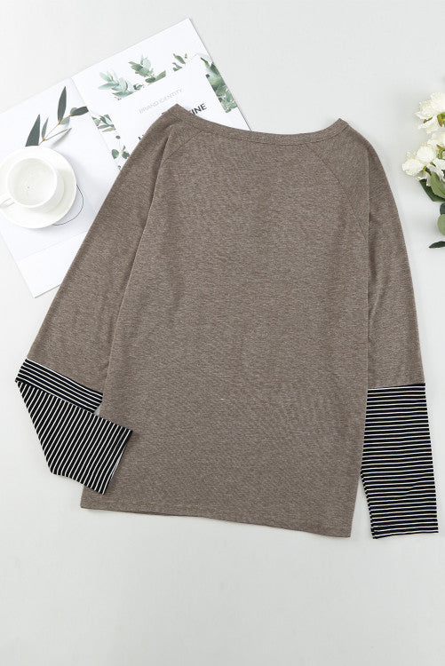 Brown Casual Striped Accent Crew Neck Henley Shirt