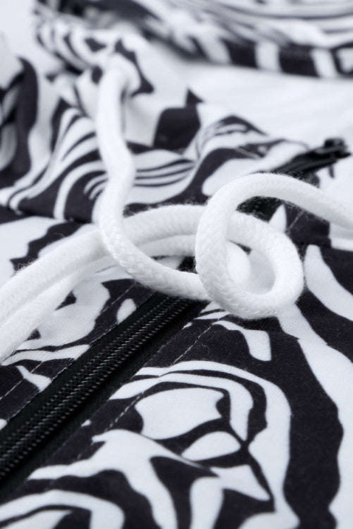 Zebra Print Kangaroo Pocket Half Zip Hoodie