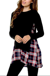 •Long sleeve, round neck    •Loose tunic style, perfect casual outfit  •Plaid patchwork accent, style with pockets  •Soft cozy knit    •Pair this top with jeans or leggings  True to size guide