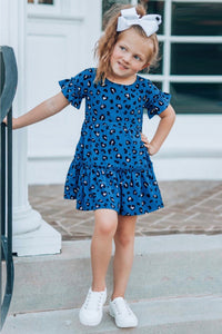 Girls Royal Blue Ruffled Leopard Print Dress