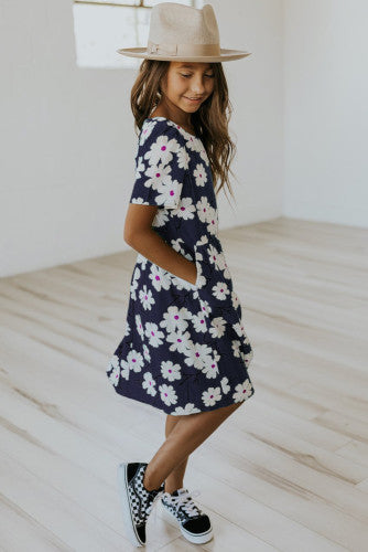 Girls Navy Blue Daisy Print Chiffon Dress with Pockets