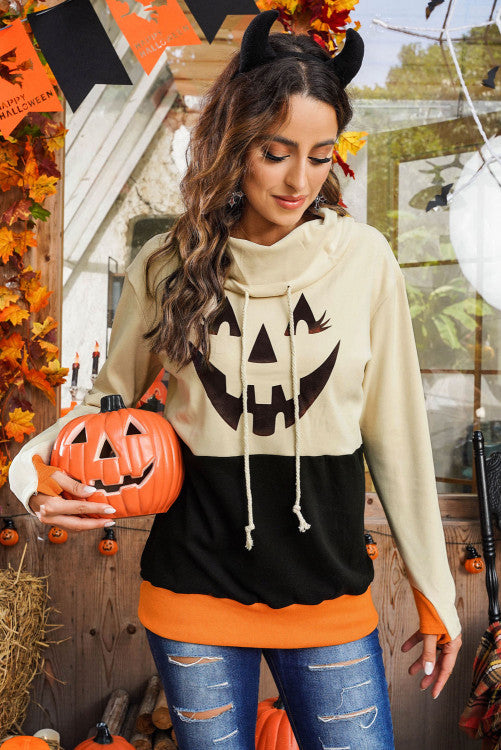 Cowl Neck Pumpkin Print Color Block Halloween Sweatshirt