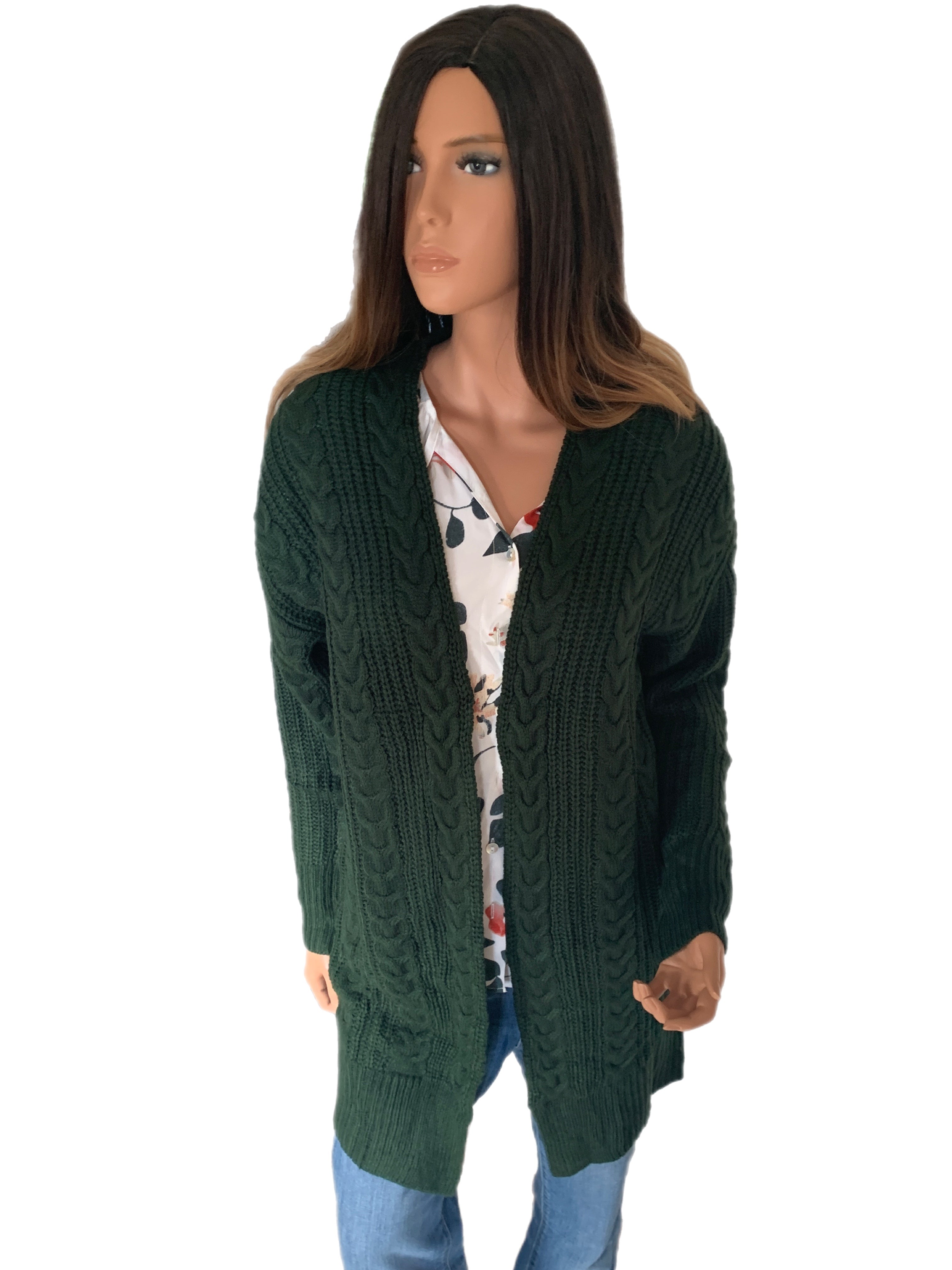 Dark Pine Cable Knit Open Front Cardigan Sweater