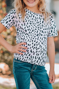 Girls White and Black Leopard Print Short Sleeve Knit Tee