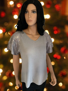 Gray Waffle Knit Sequined Short Sleeve Top