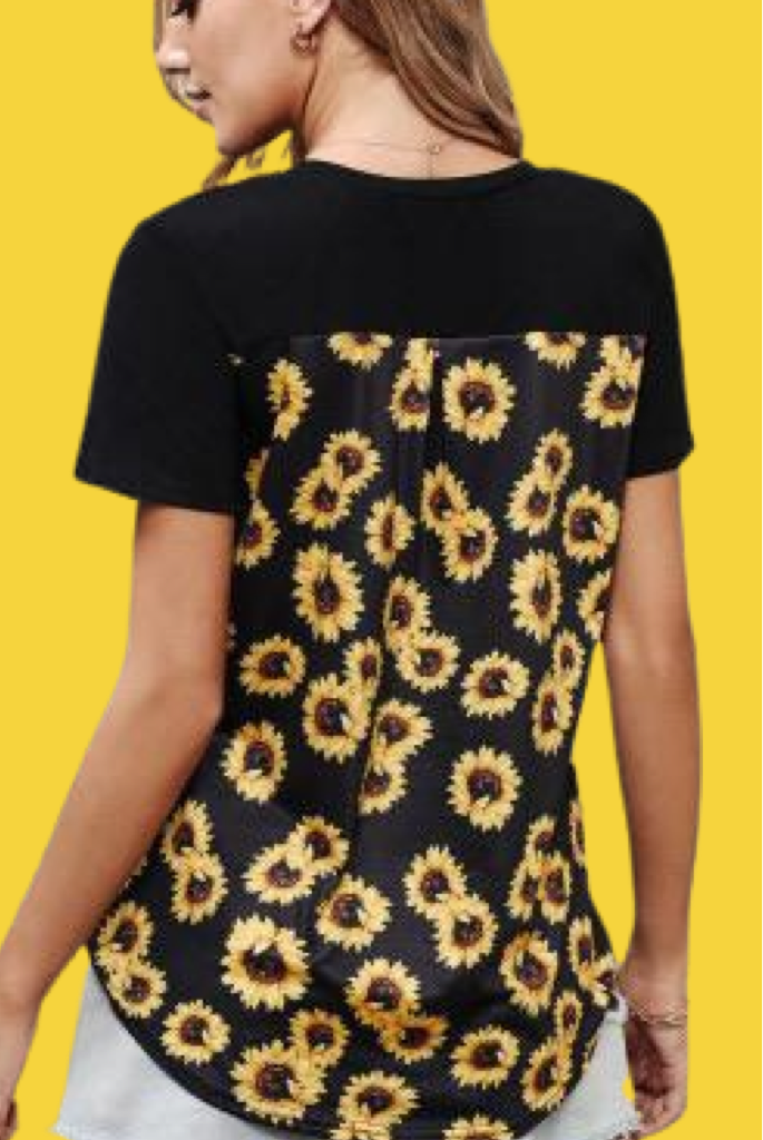 Black with Sunflowers V-Neck Color Block Knit Tee