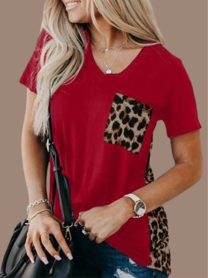 Red Leopard Print V-Neck Color-block Knit Tee
