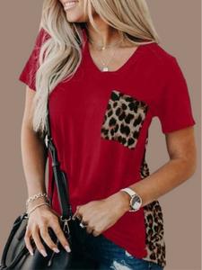 Red Leopard Print V-Neck Color-block Knit Tee