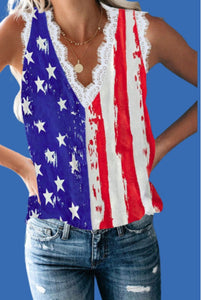 Beautiful American flag print silky tank with lace trim. Your summer wardrobe needs at least one patriotic tank! This lightweight cool silky feel sleeveless top goes with everything like shorts, capris, and jeans. Vibrant red, white and blue colors with elegant lace trim. Lightweight and Silky