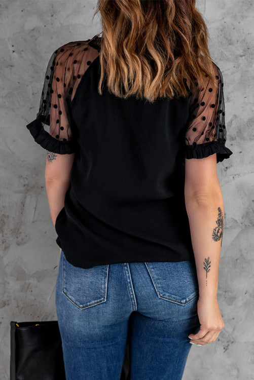 Black Polka Dot Lace Ruffled Sleeve V-Neck Blouse