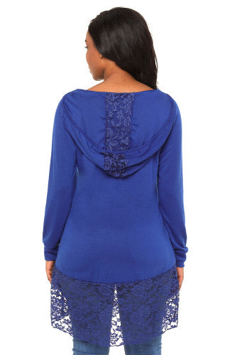 Cute Lace Trim Oversize Hoodie. Embroidered floral lace at the curved hem and hoodie makes this one of the prettiest pullovers we've seen. In tissue-weight jersey knit, with raglan sleeves in versatile color, it will be a best-loved this season.   Features  •Hooded shirt in casual oversize fit  •Delicate floral lace detailing the hood and hemline  •Made of soft quality jersey fabric, comfortable to wear  True to fit/roomy 