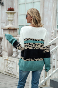 Teal Leopard Print Colorblock Sweater