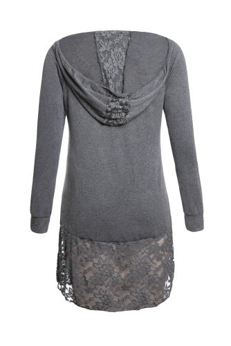 Cute Lace Trim Oversize Hoodie. Embroidered floral lace at the curved hem and hoodie makes this one of the prettiest pullovers we've seen. In tissue-weight jersey knit, with raglan sleeves in versatile color, it will be a best-loved this season.   Features   •Hooded shirt in casual oversize fit   •Delicate floral lace detailing the hood and hemline   •Made of soft quality jersey fabric, comfortable to wear  True to size/ roomy 